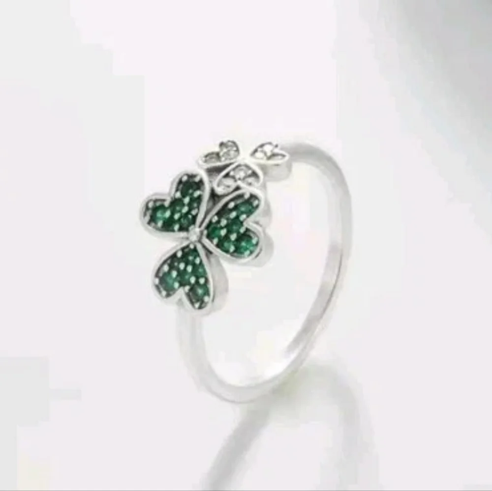 St Patrick Shamrock Irish Green CZ Flower Lucky Clover Ring 925 Sterling Silver